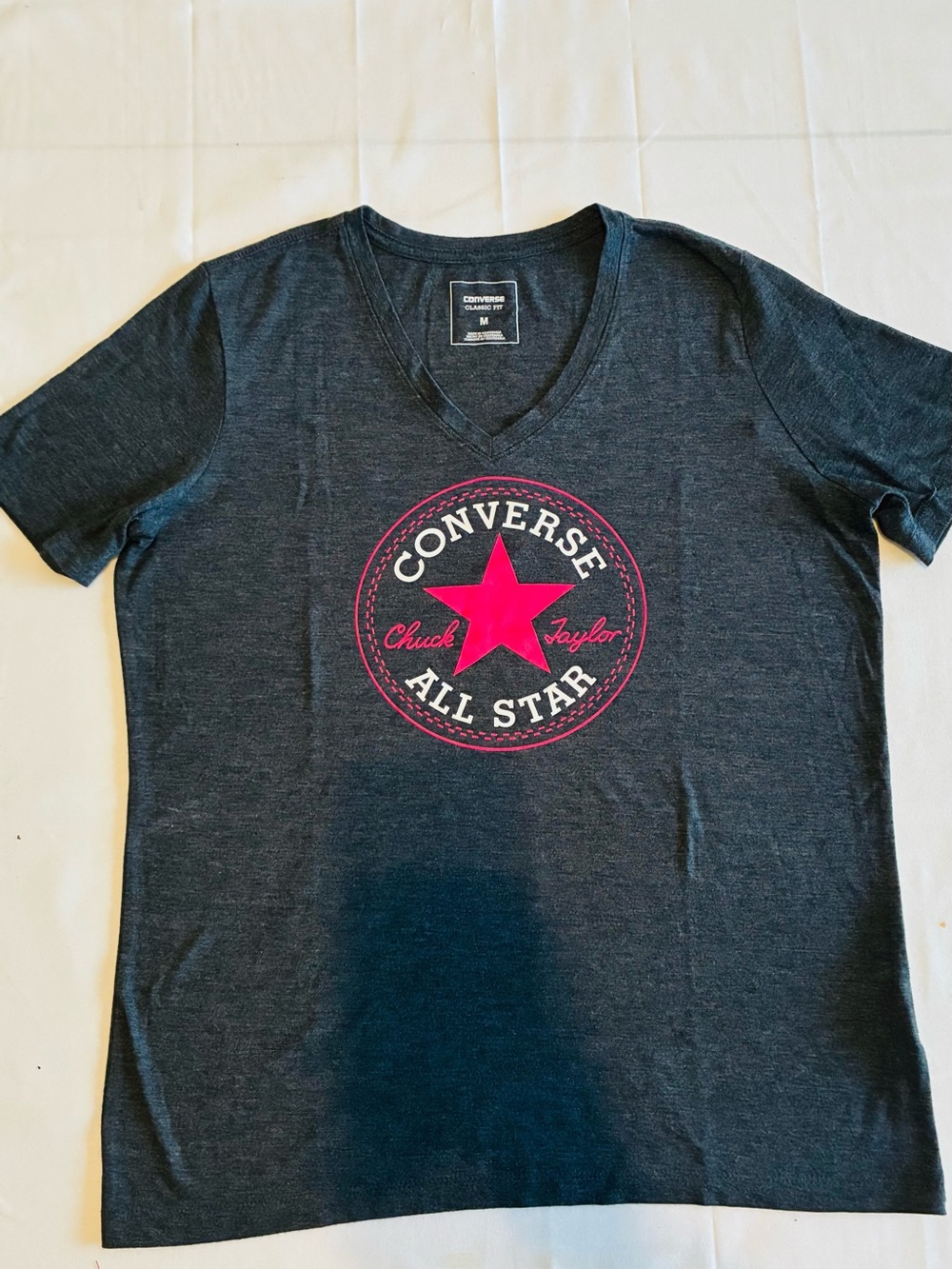 Converse Men’s Charcoal V-Neck T-Shirt with Pink Star Logo